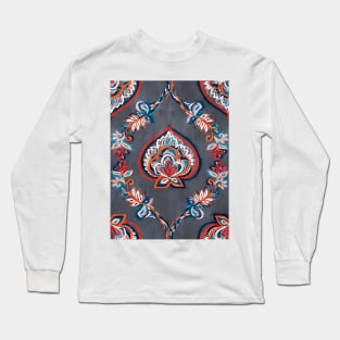 Floral Ogees in Red & Blue on Grey Long Sleeve T-Shirt